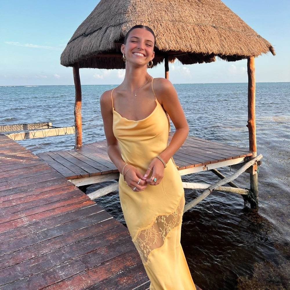 Yellow lace satin cowl dress